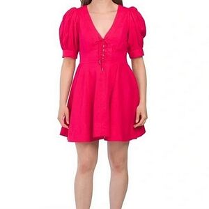 🏷️ House of Harlow 1960 Fuschia Pink Puff Sleeve Linen Blend Dress 4 Fit Flare